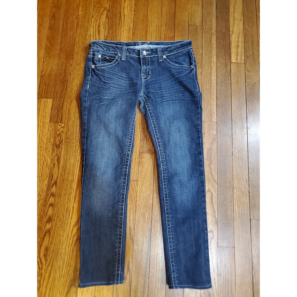 Rue 21 Premiere Womens Dark‎ Wash Embellished Fleur De Lis Bling Jeans 7/8 34x28